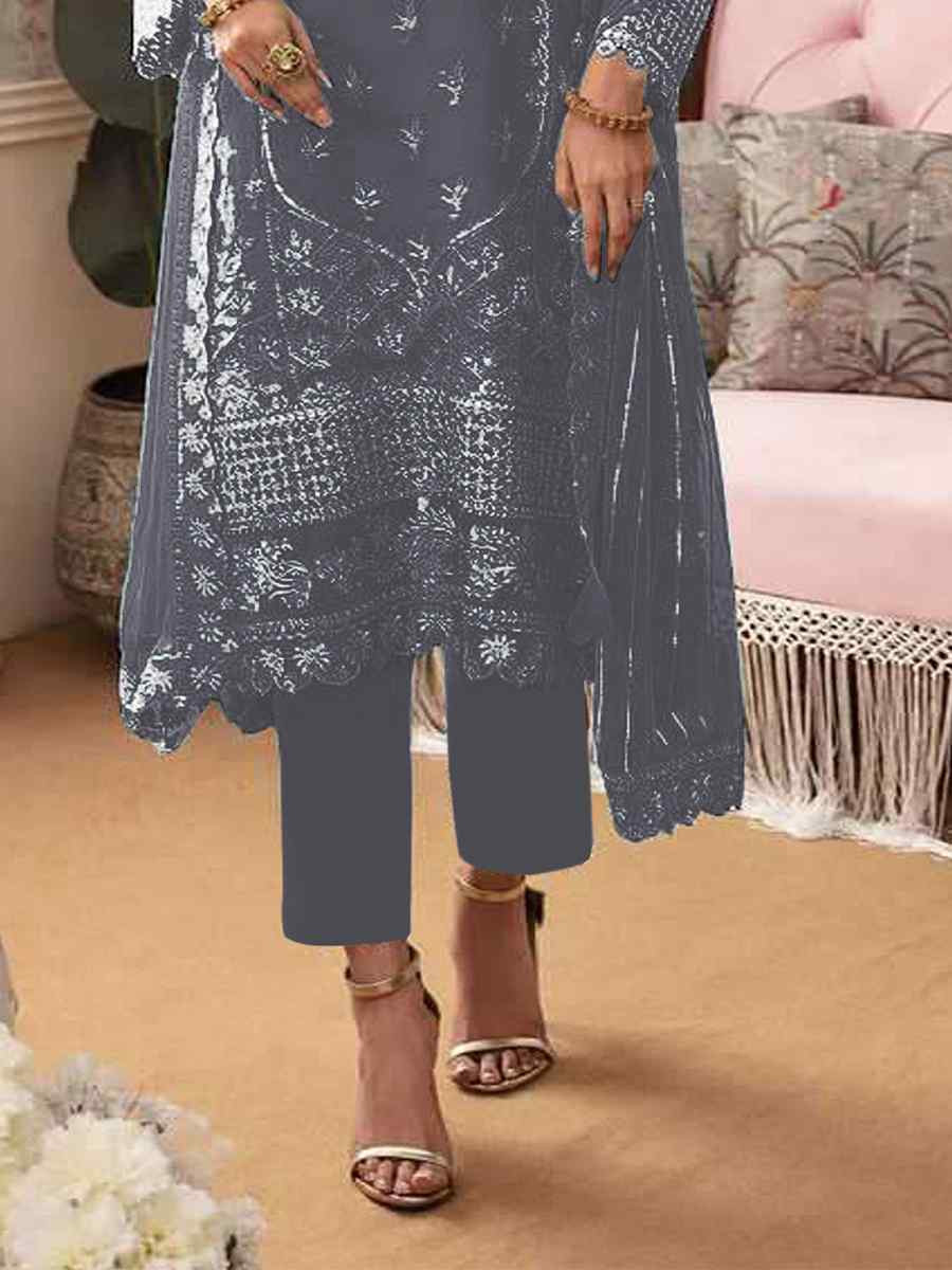 Grey Heavy Fox Georgette Embroidered Festival Wedding Sharara Pant Salwar Kameez