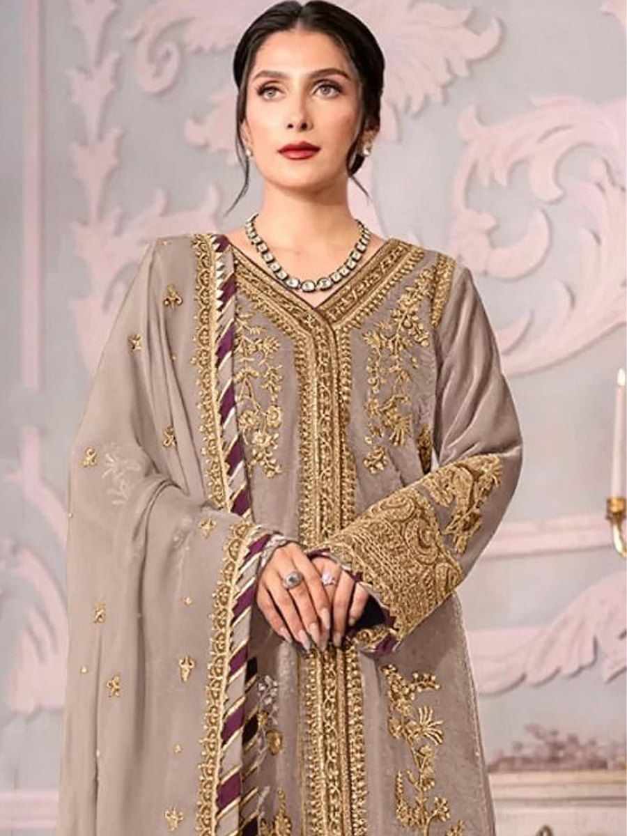 Grey Heavy Georgette Embroidered Festival Wedding Pant Salwar Kameez