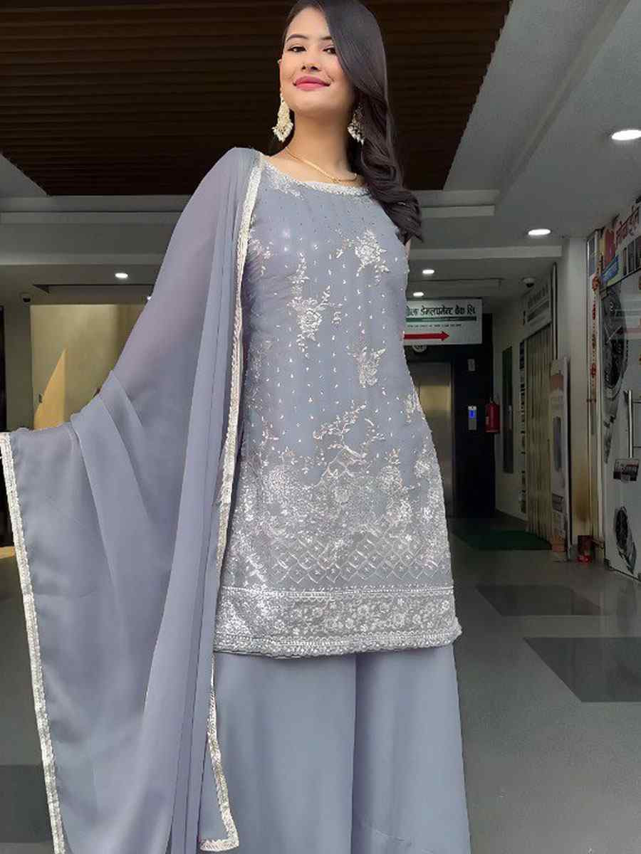 Grey Heavy Georgette Embroidery Party Wedding Festival Casual Ready Palazzo Pant Salwar Kameez