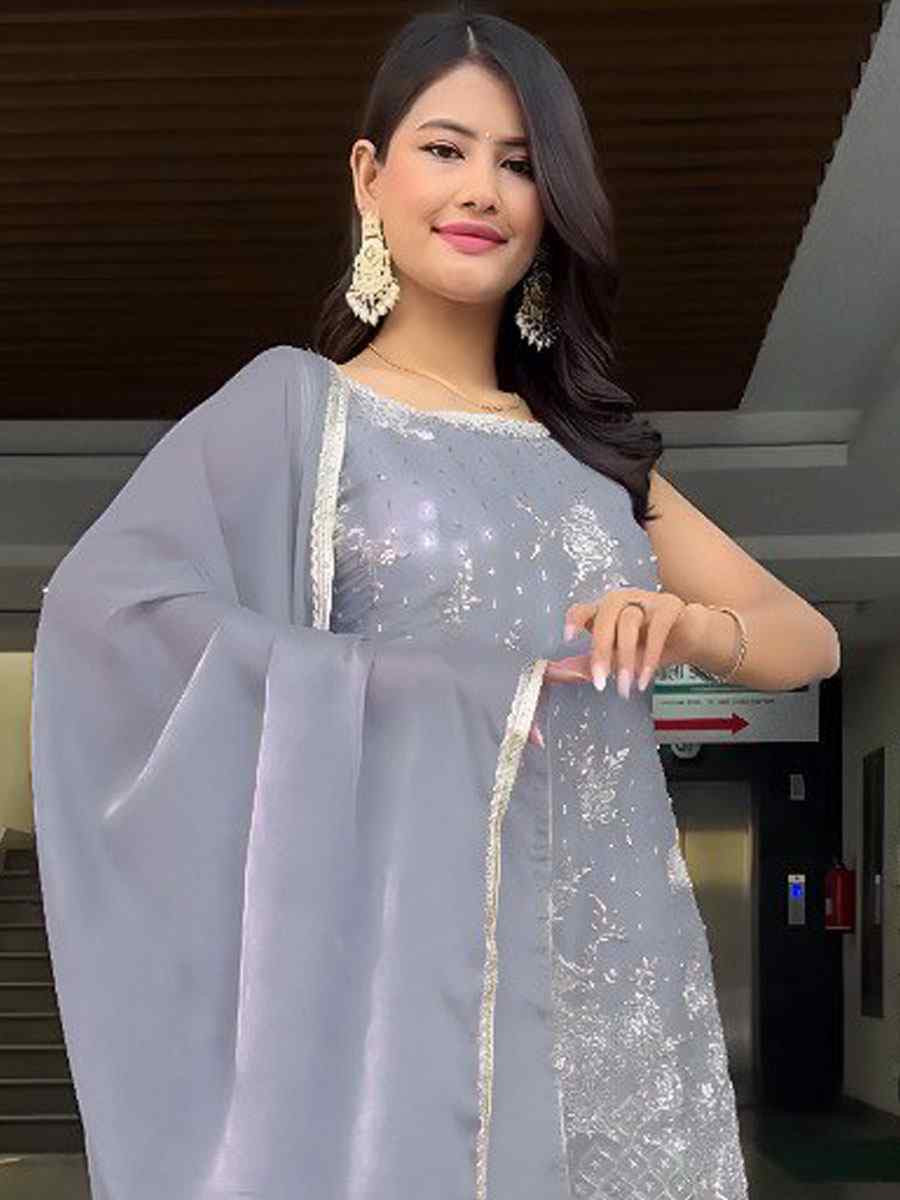 Grey Heavy Georgette Embroidery Party Wedding Festival Casual Ready Palazzo Pant Salwar Kameez