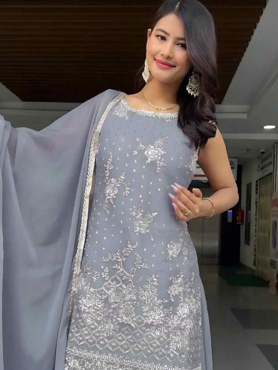 Grey Heavy Georgette Embroidery Party Wedding Festival Casual Ready Palazzo Pant Salwar Kameez