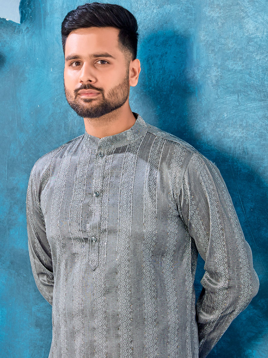 Grey Heavy Jacquard Silk Woven Festival Party Kurta
