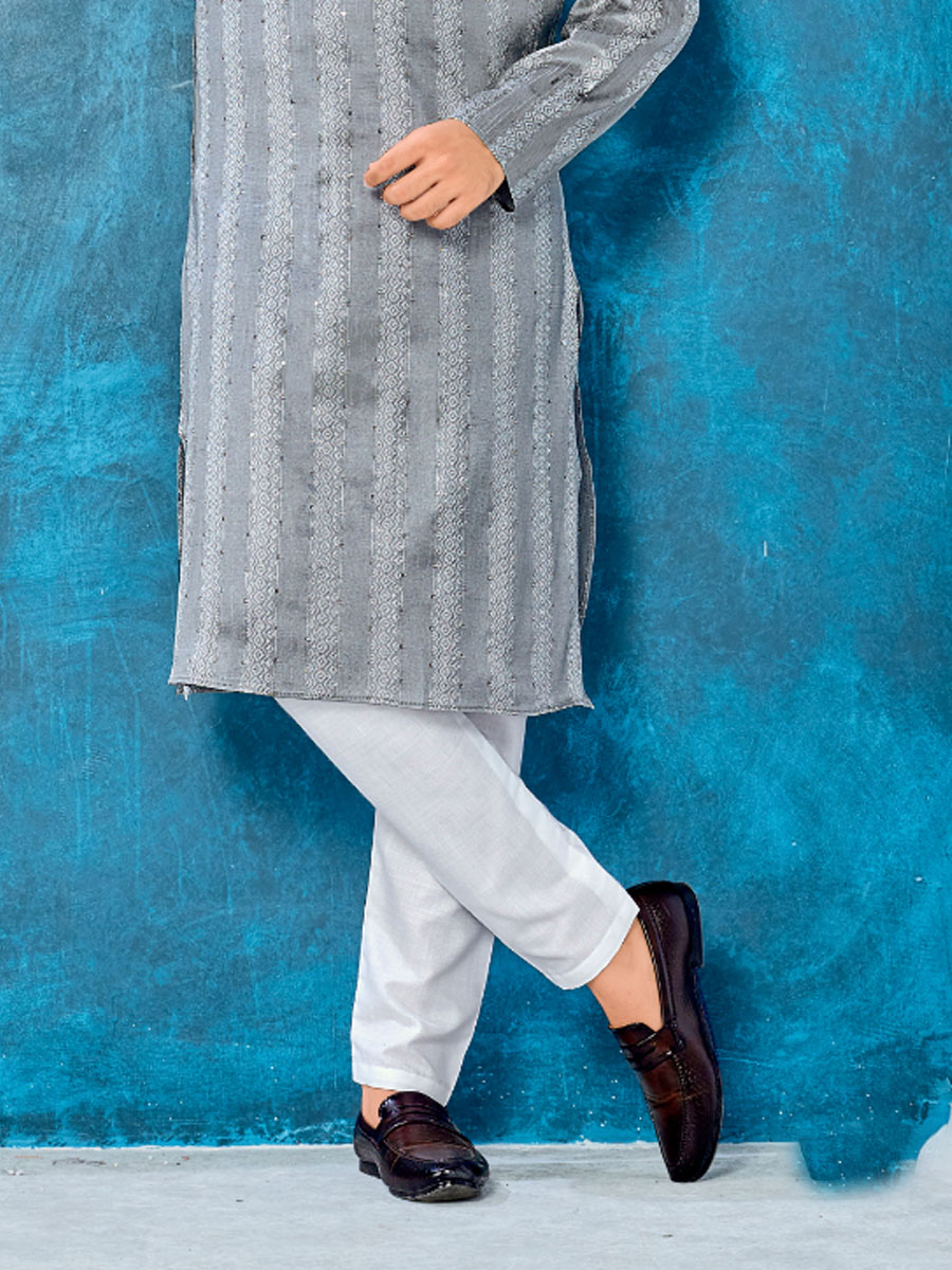 Grey Heavy Jacquard Silk Woven Festival Party Kurta