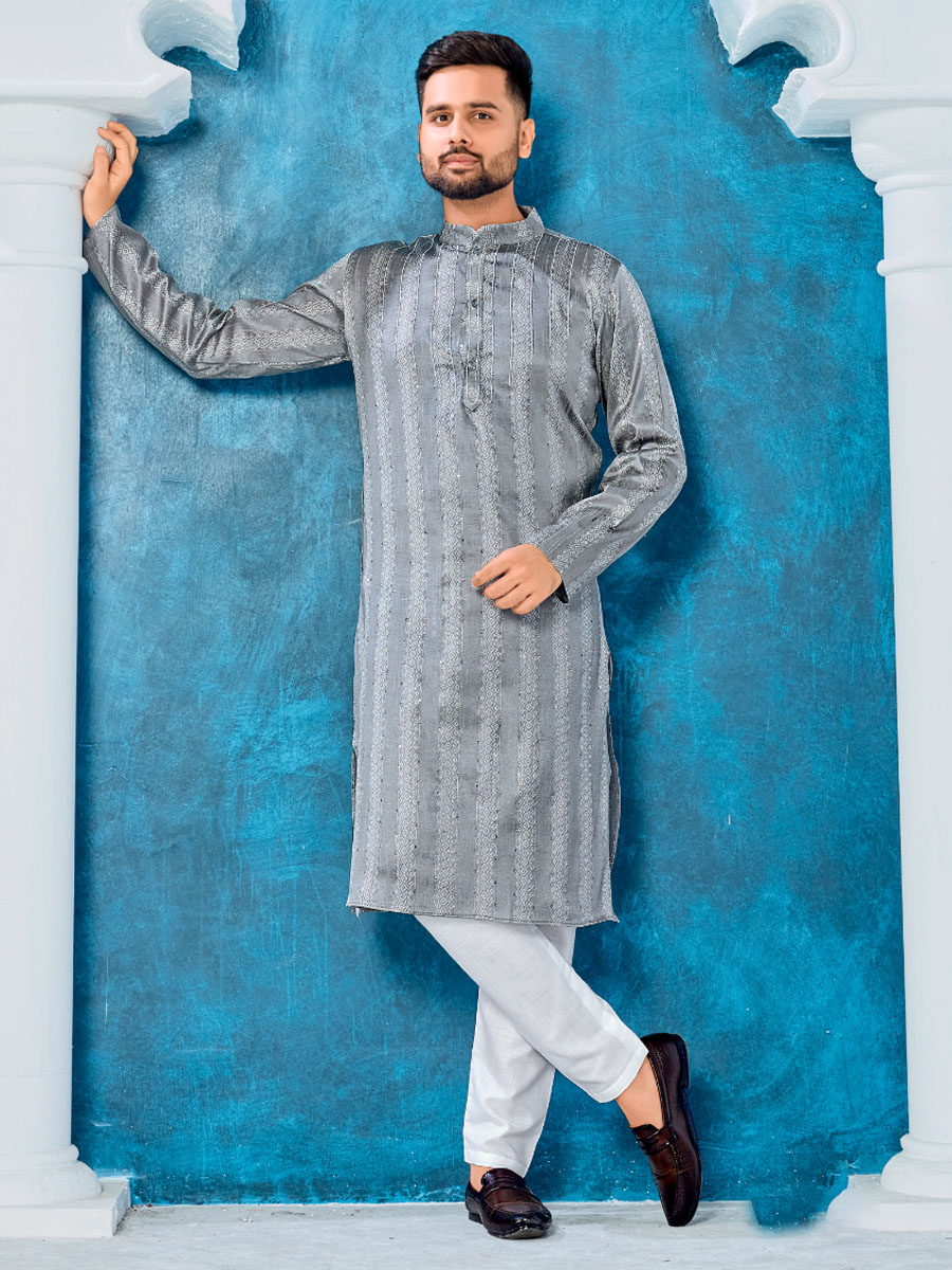 Grey Heavy Jacquard Silk Woven Festival Party Kurta