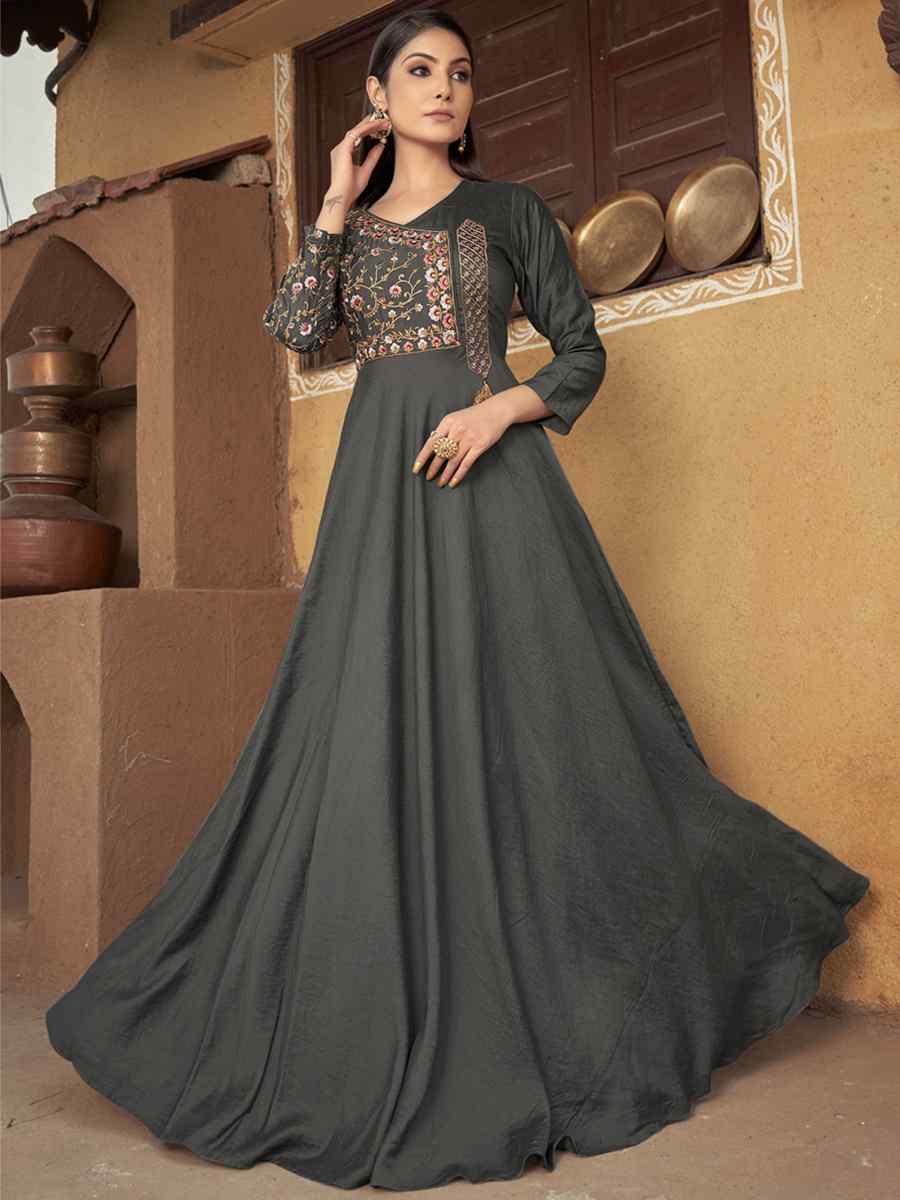 Grey Heavy Maslin Embroidered Festival Party Gown