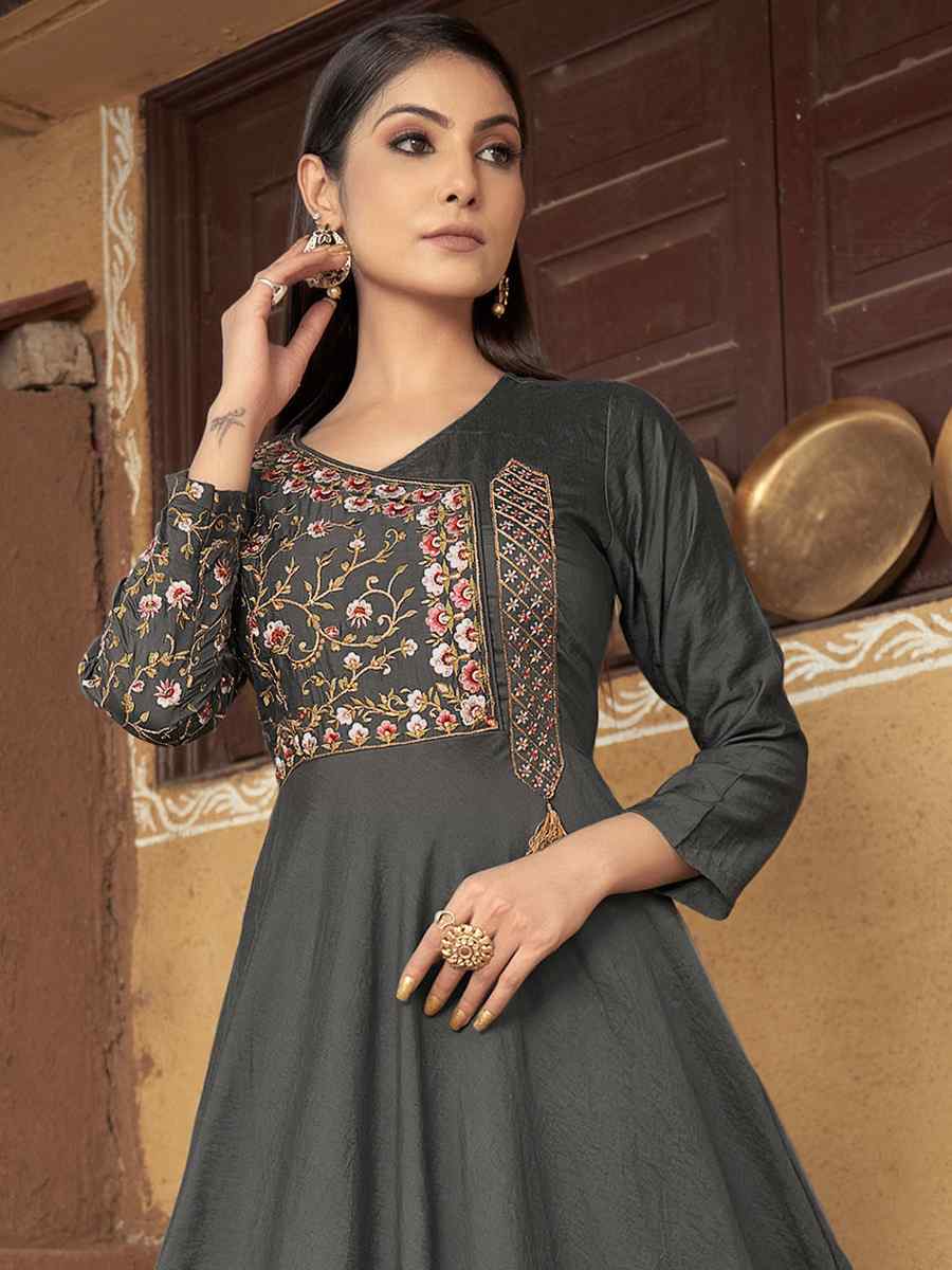 Grey Heavy Maslin Embroidered Festival Party Gown