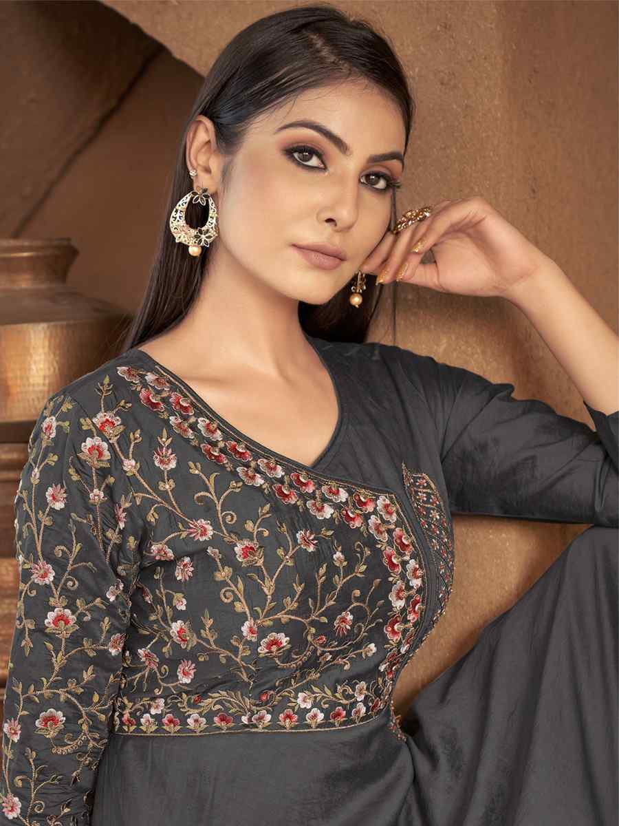 Grey Heavy Maslin Embroidered Festival Party Gown