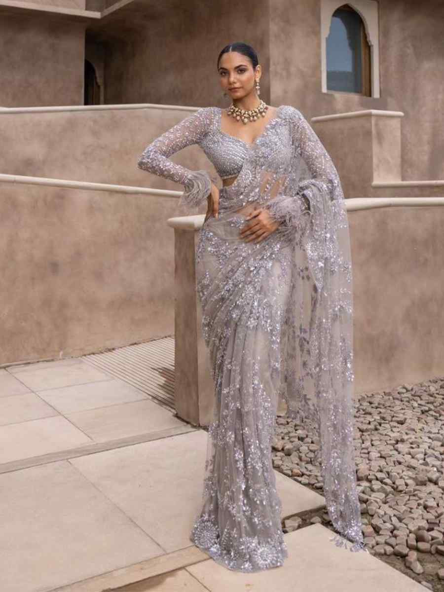Grey Heavy Naylon Butterfly Net Embroidered Festival Wedding Fancy Heavy Border Saree