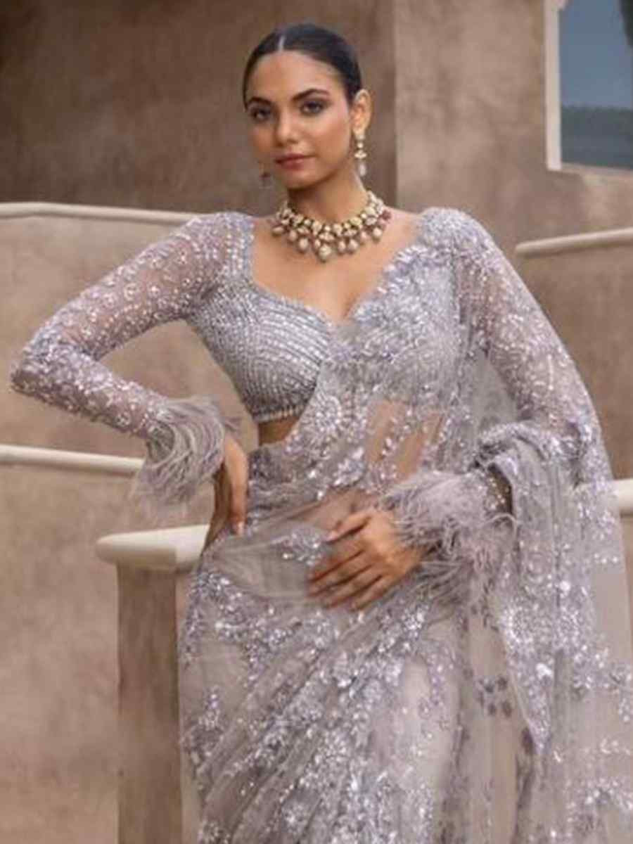 Grey Heavy Naylon Butterfly Net Embroidered Festival Wedding Fancy Heavy Border Saree