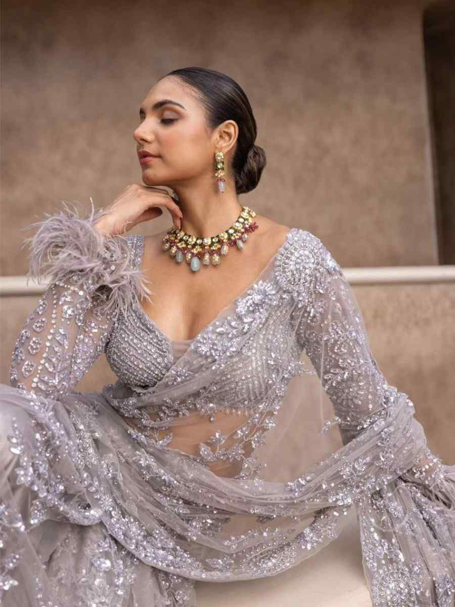 Grey Heavy Naylon Butterfly Net Embroidered Festival Wedding Fancy Heavy Border Saree