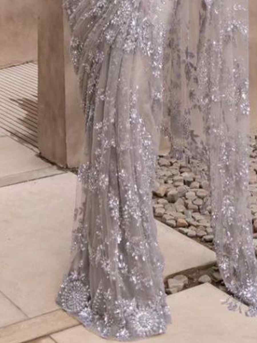Grey Heavy Naylon Butterfly Net Embroidered Festival Wedding Fancy Heavy Border Saree