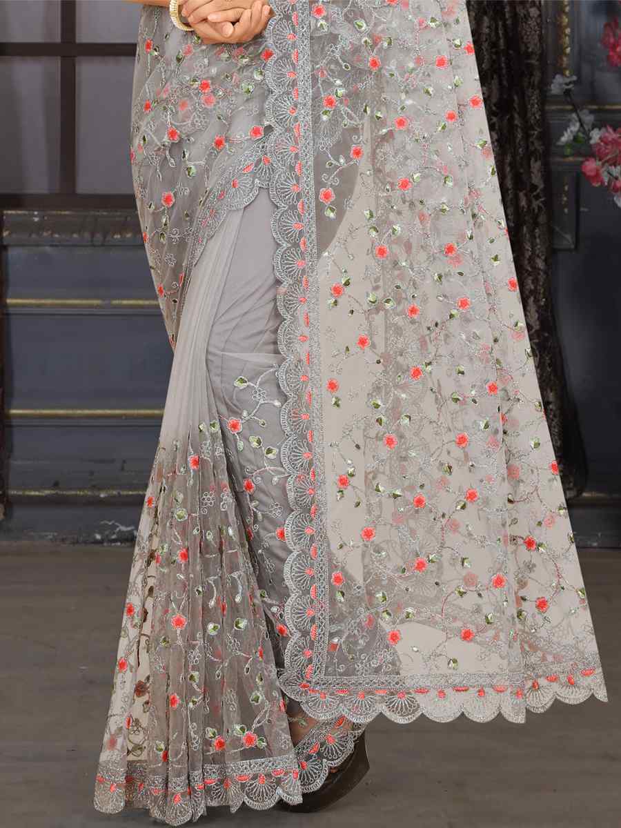 Grey Heavy Net Embroidered Party Festival Heavy Border Saree
