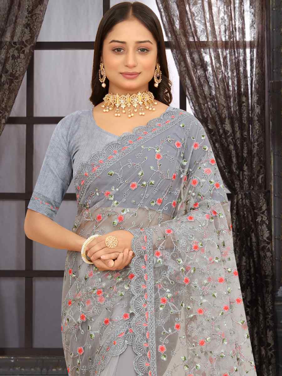 Grey Heavy Net Embroidered Party Festival Heavy Border Saree
