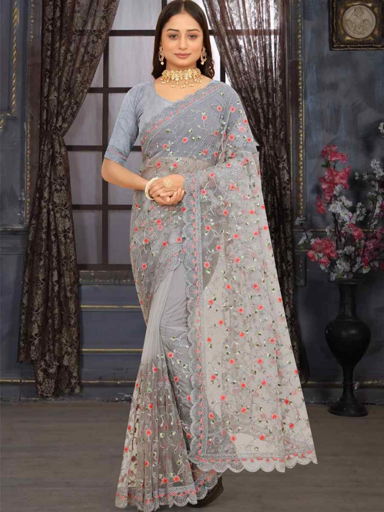 Grey Heavy Net Embroidered Party Festival Heavy Border Saree