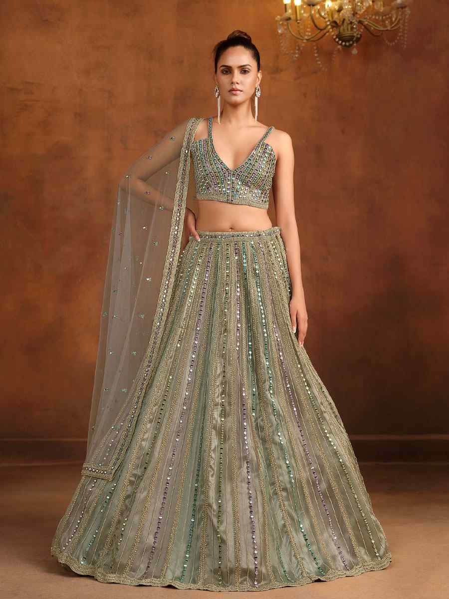 Grey Heavy Net With Banglory Silk Inner Embroidered Printed Wedding Reception Festival Heavy Border Lehenga Choli