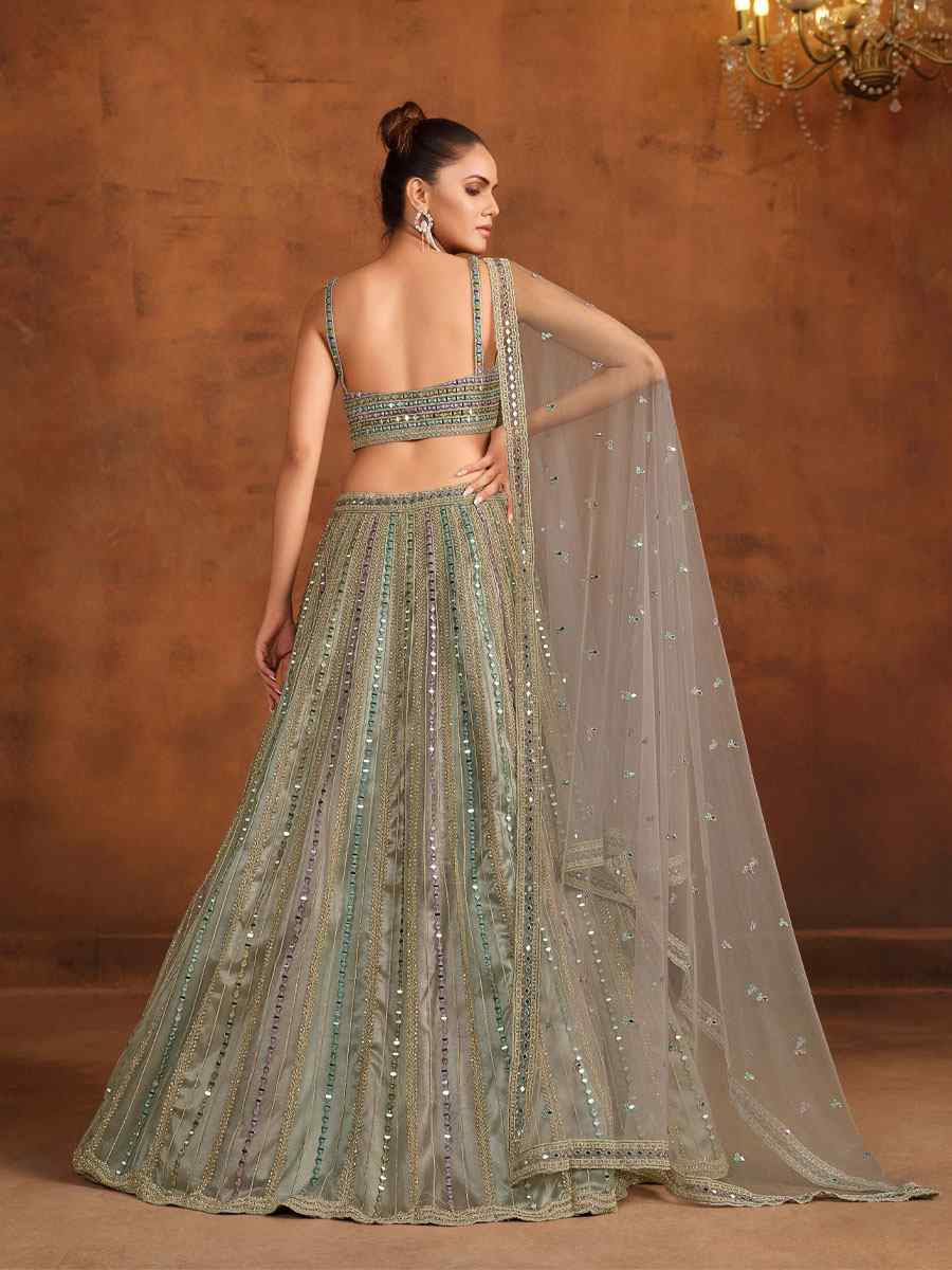 Grey Heavy Net With Banglory Silk Inner Embroidered Printed Wedding Reception Festival Heavy Border Lehenga Choli