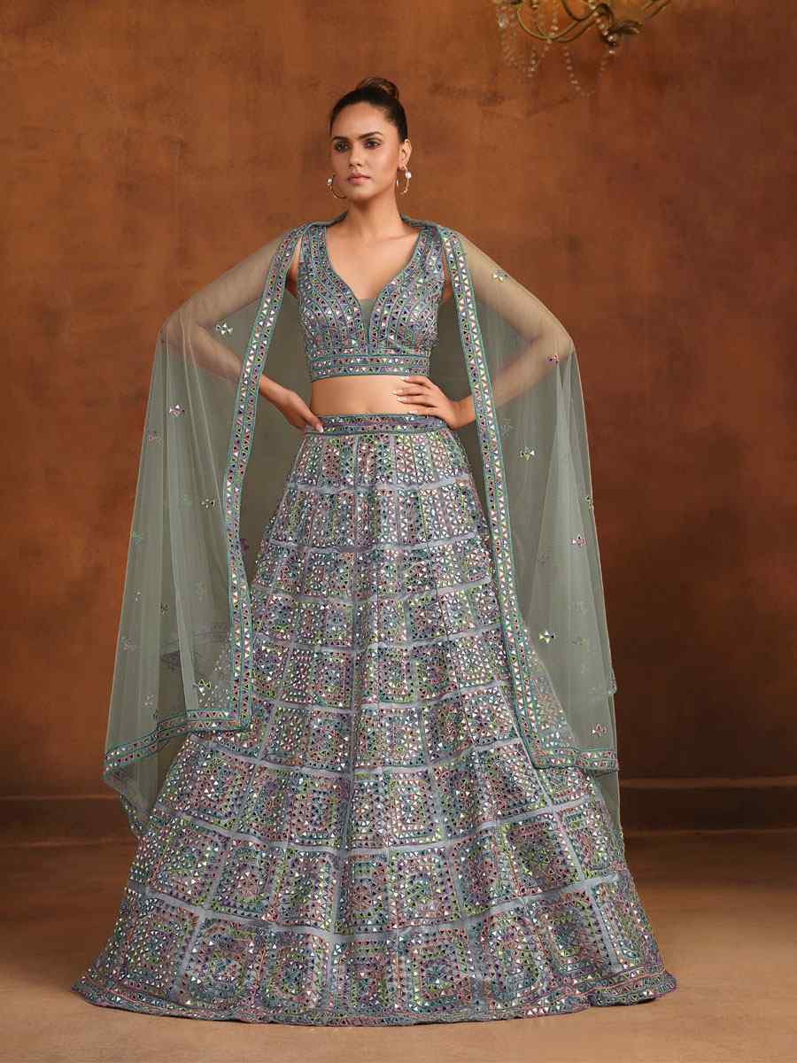 Grey Heavy Net With Banglory Silk Inner Embroidered Printed Wedding Reception Festival Heavy Border Lehenga Choli