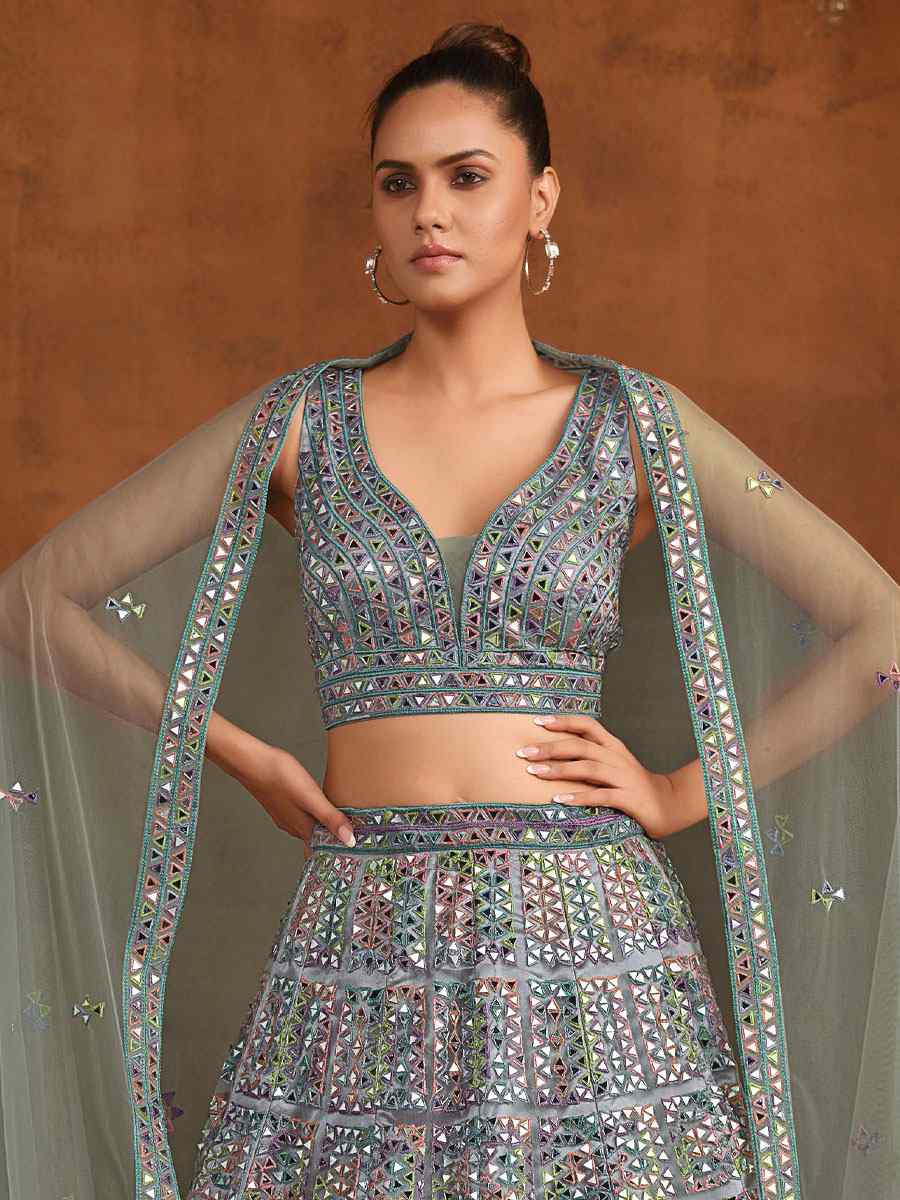 Grey Heavy Net With Banglory Silk Inner Embroidered Printed Wedding Reception Festival Heavy Border Lehenga Choli