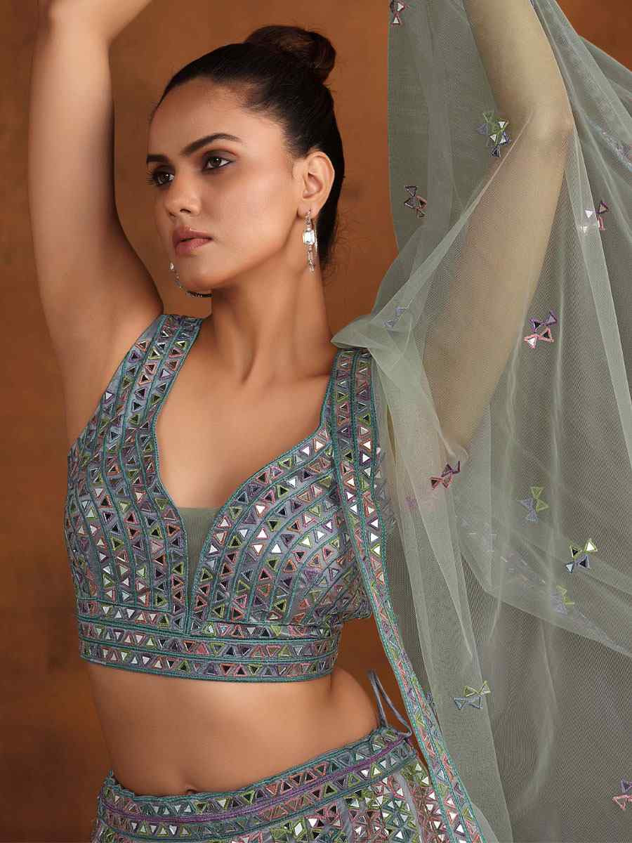 Grey Heavy Net With Banglory Silk Inner Embroidered Printed Wedding Reception Festival Heavy Border Lehenga Choli