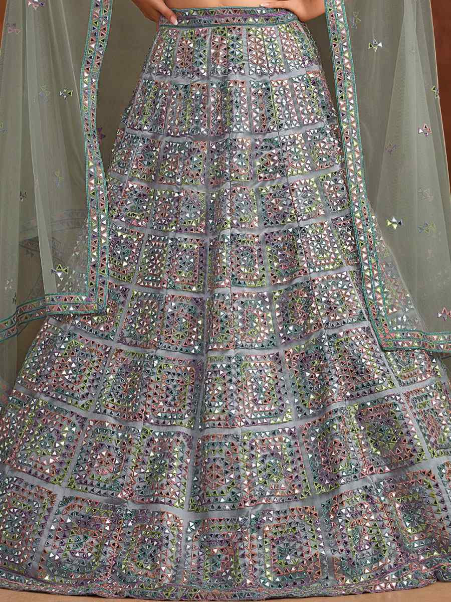 Grey Heavy Net With Banglory Silk Inner Embroidered Printed Wedding Reception Festival Heavy Border Lehenga Choli