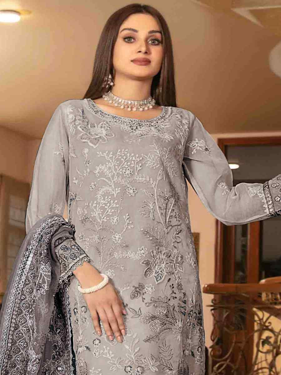 Grey Heavy Organza Embroidered Festival Casual Pant Salwar Kameez