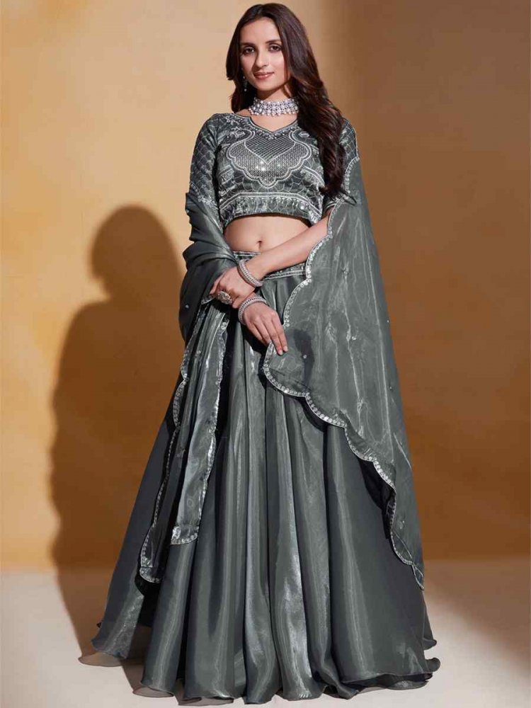 Grey Heavy Organza Embroidered Festival Party Wear Circular Lehenga Choli