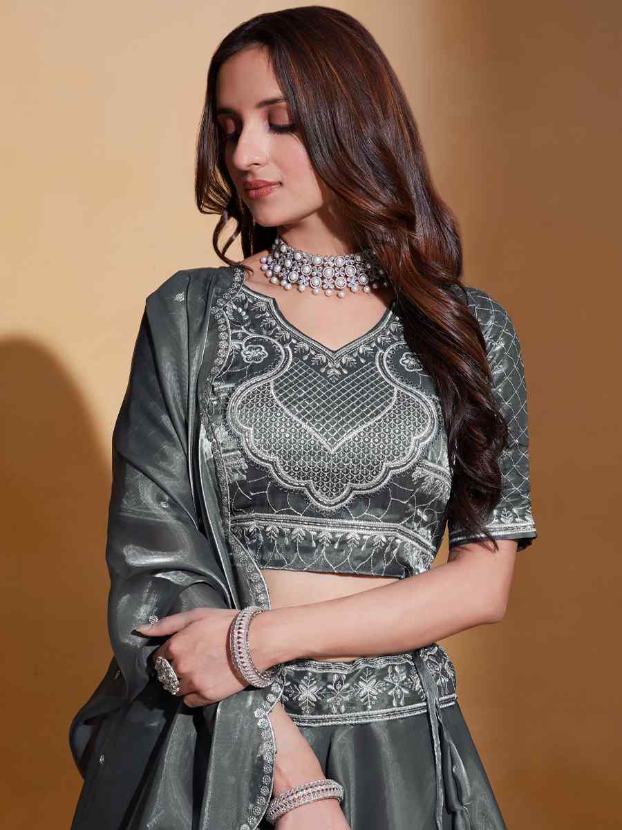 Grey Heavy Organza Embroidered Festival Party Wear Circular Lehenga Choli