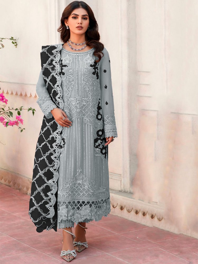Grey Heavy Organza Embroidered Festival Wedding Pant Salwar Kameez