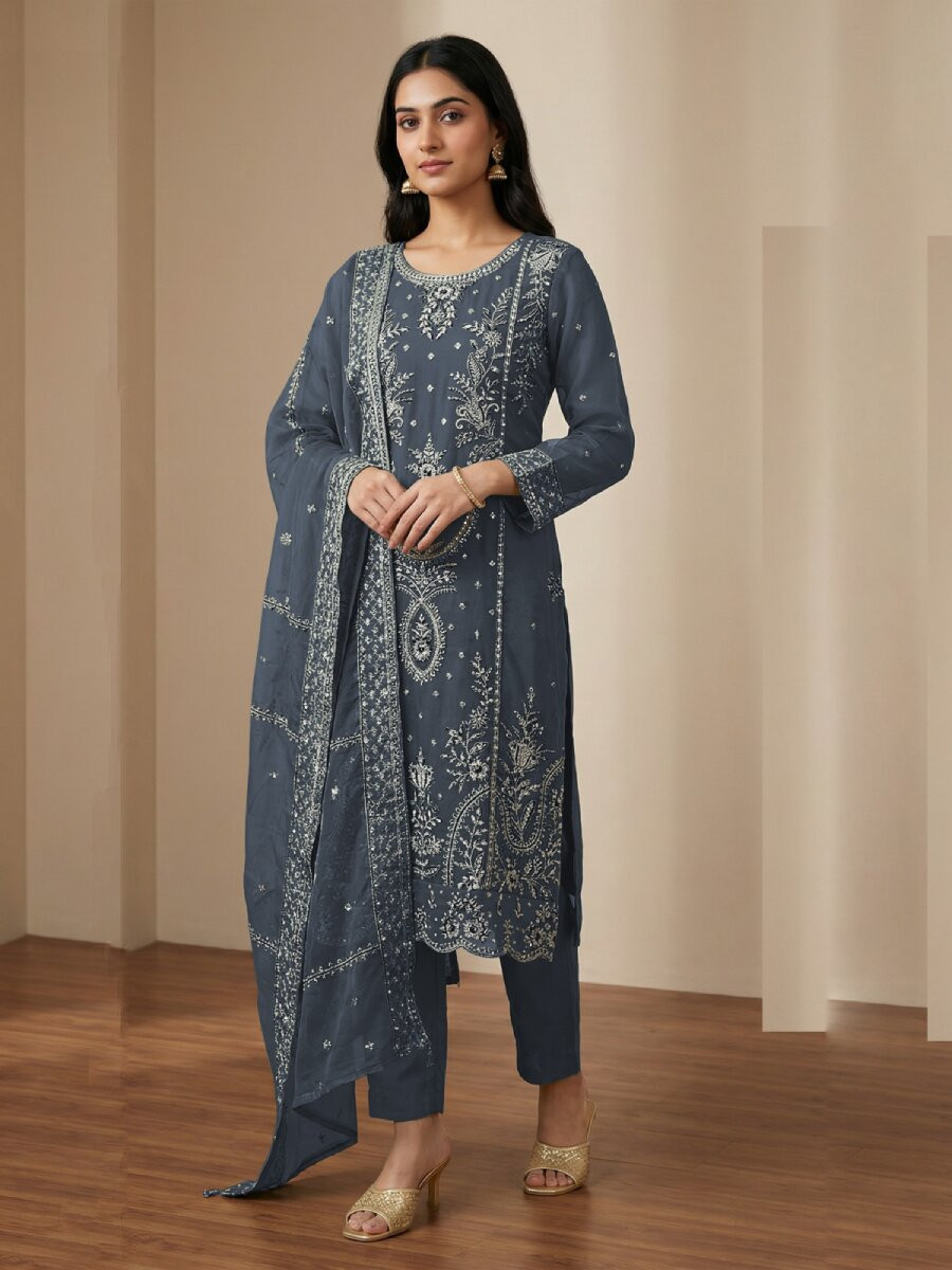 Grey Heavy Organza Embroidery Wedding Party Festival Casual Pant Salwar Kameez