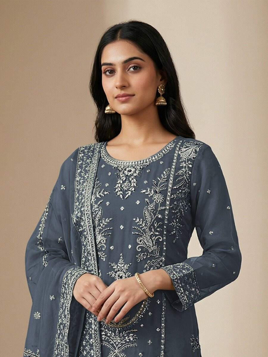 Grey Heavy Organza Embroidery Wedding Party Festival Casual Pant Salwar Kameez