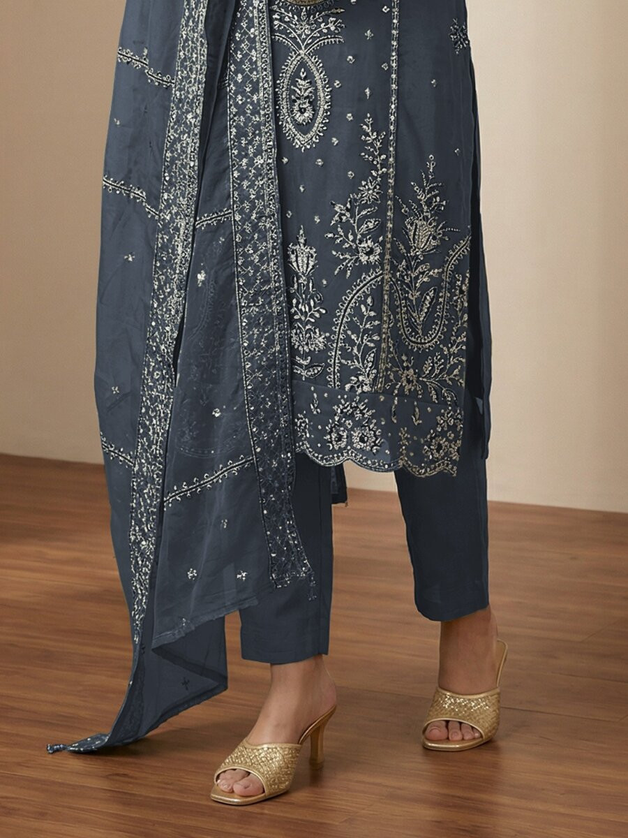 Grey Heavy Organza Embroidery Wedding Party Festival Casual Pant Salwar Kameez