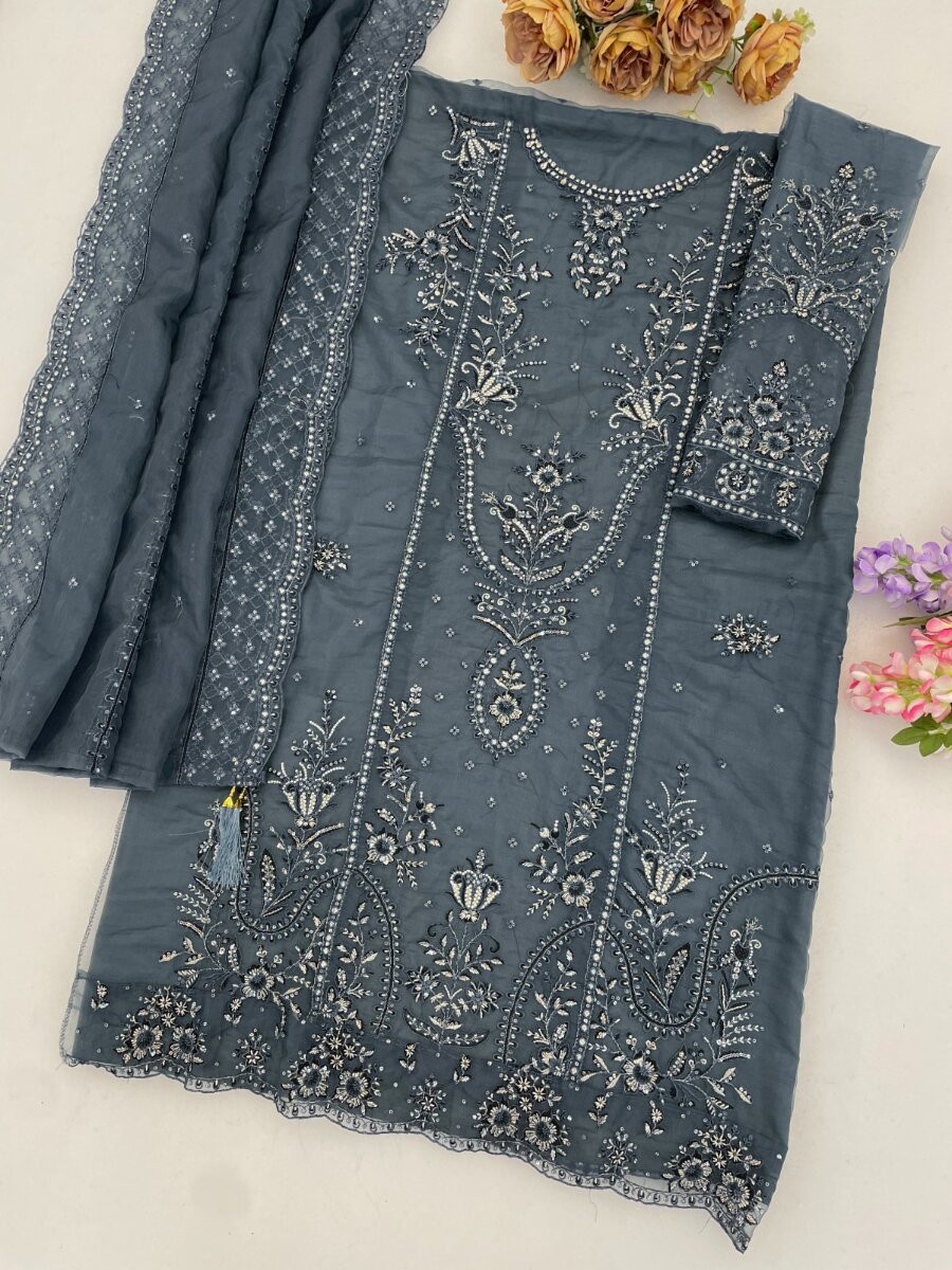 Grey Heavy Organza Embroidery Wedding Party Festival Casual Pant Salwar Kameez