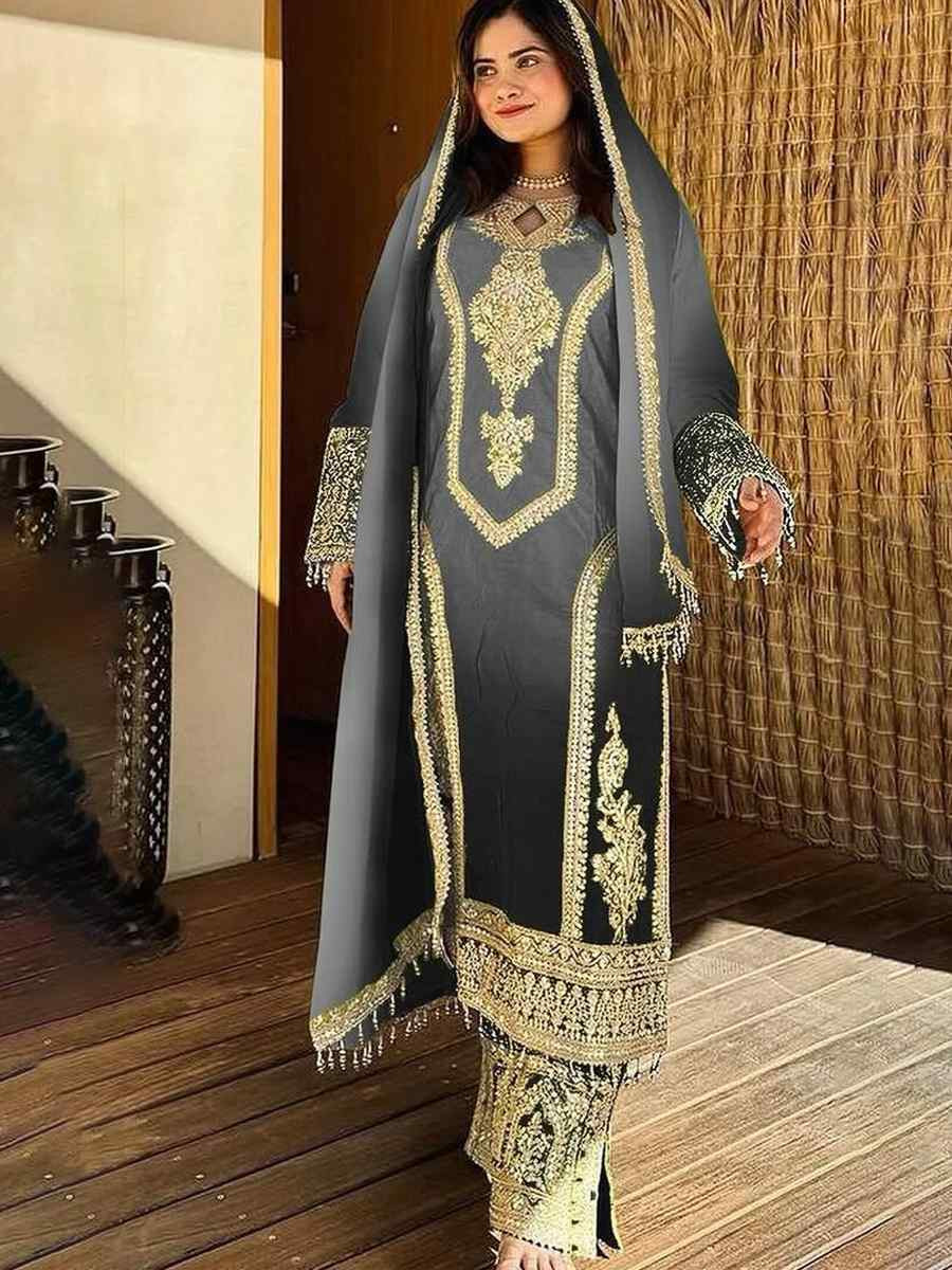 Grey Heavy Pure Dull Tone Peding Chinon Silk Embroidered Fastive Wedding Ready Pant Salwar Kameez