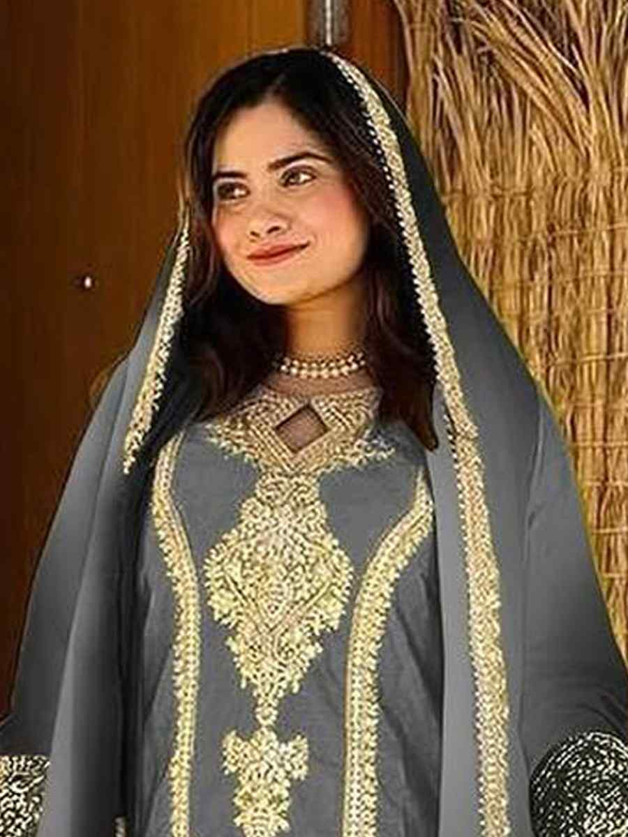 Grey Heavy Pure Dull Tone Peding Chinon Silk Embroidered Fastive Wedding Ready Pant Salwar Kameez