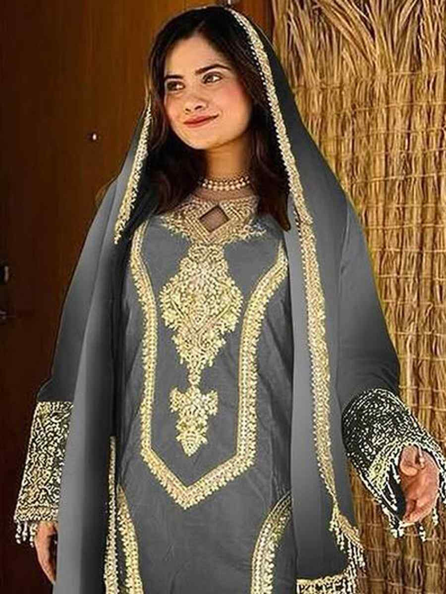 Grey Heavy Pure Dull Tone Peding Chinon Silk Embroidered Fastive Wedding Ready Pant Salwar Kameez