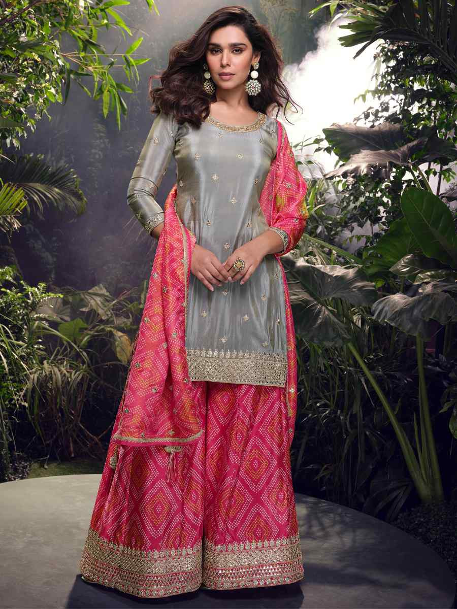 Grey Heavy Real Simar Embroidered Festival Casual Ready Palazzo Pant Salwar Kameez