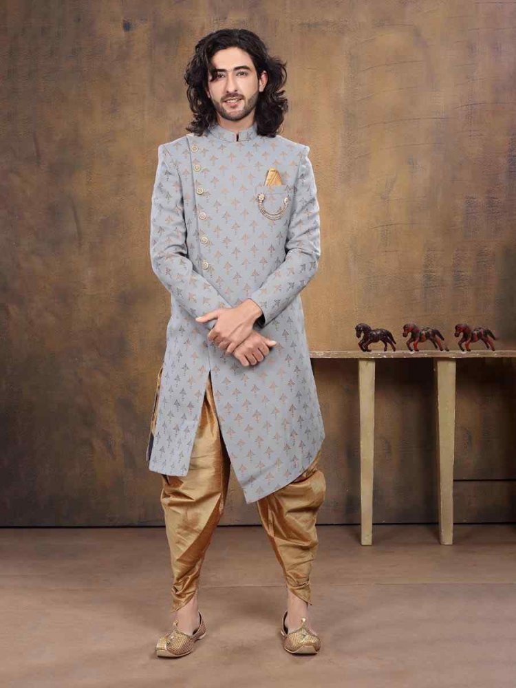 Grey Imported Embroidered Wedding Party Sherwani
