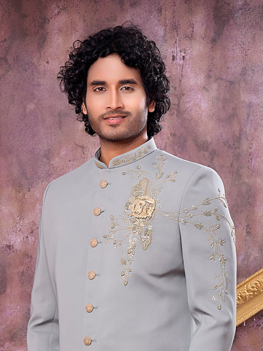 Grey Imported Lachka Fabric Embroidery Zardosi Wedding Party Festival Casual Groom Sherwani