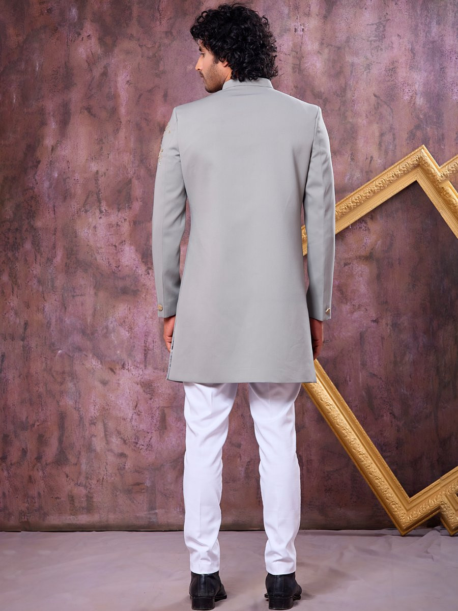 Grey Imported Lachka Fabric Embroidery Zardosi Wedding Party Festival Casual Groom Sherwani