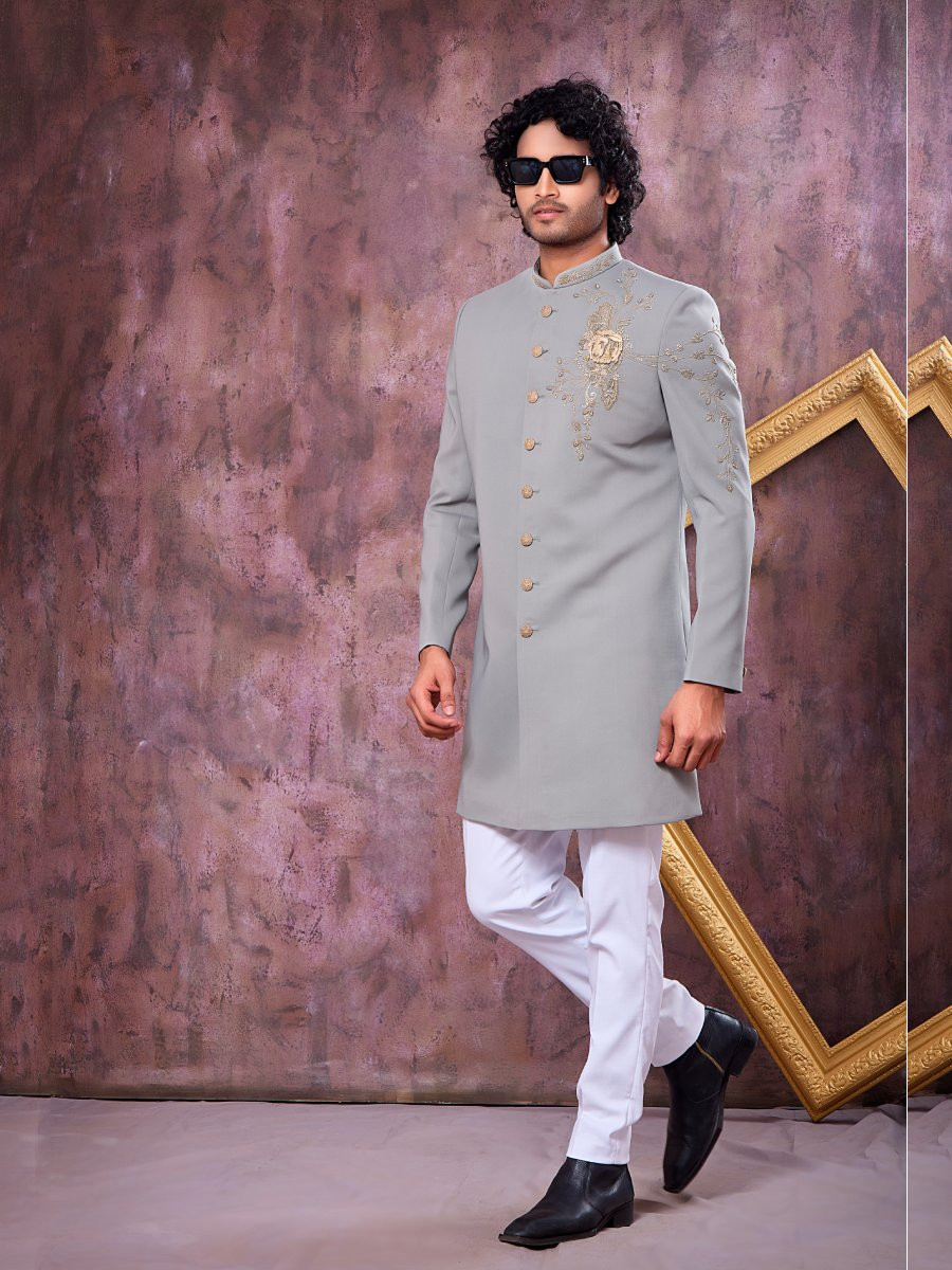 Grey Imported Lachka Fabric Embroidery Zardosi Wedding Party Festival Casual Groom Sherwani