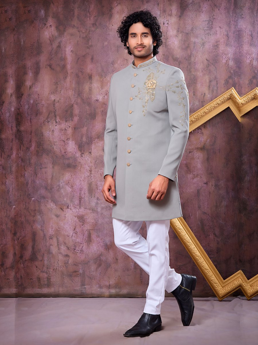 Grey Imported Lachka Fabric Embroidery Zardosi Wedding Party Festival Casual Groom Sherwani