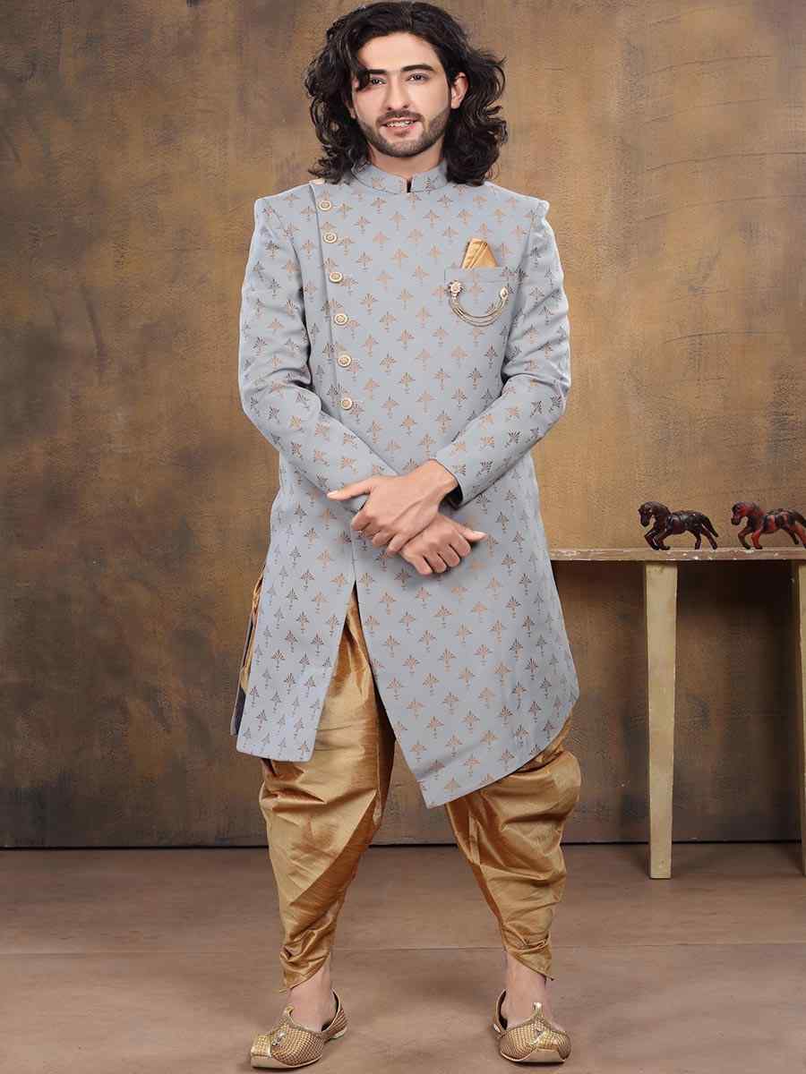 Grey Imported Woven Groom Wedding Sherwani