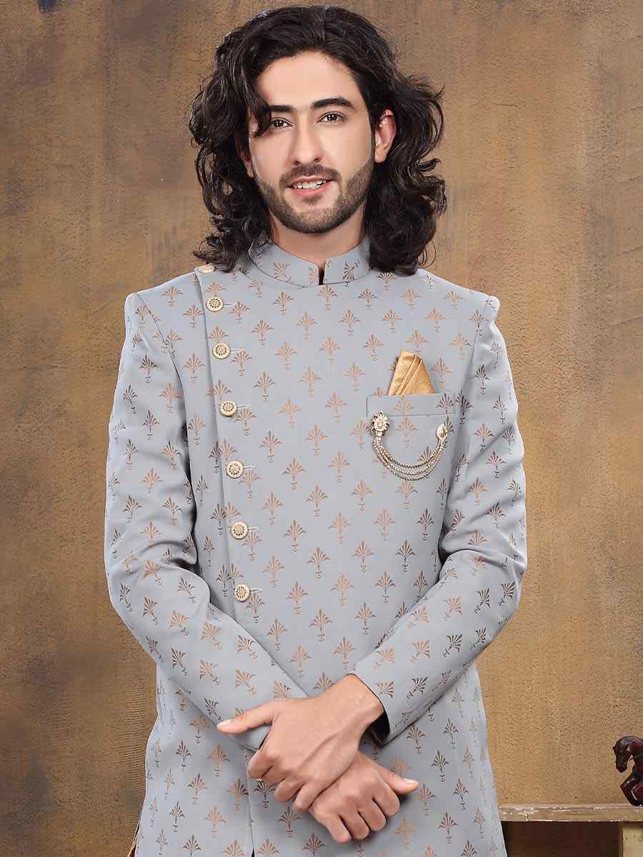 Grey Imported Woven Groom Wedding Sherwani