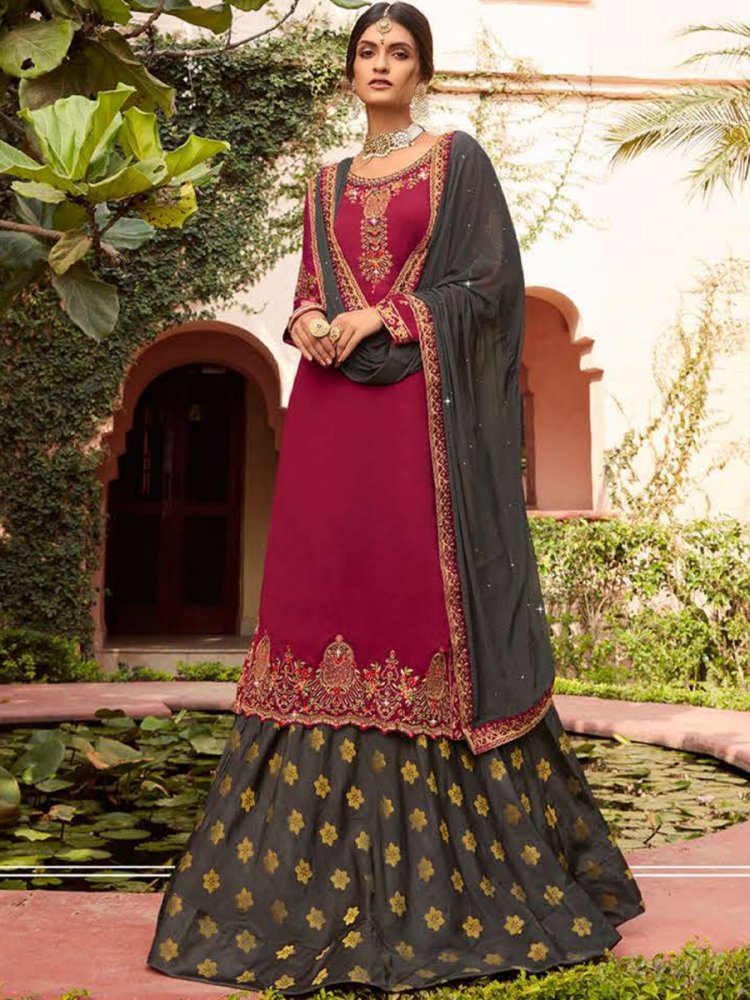Grey Jacquard Embroidered Festival Wedding Kurti Lehenga Choli