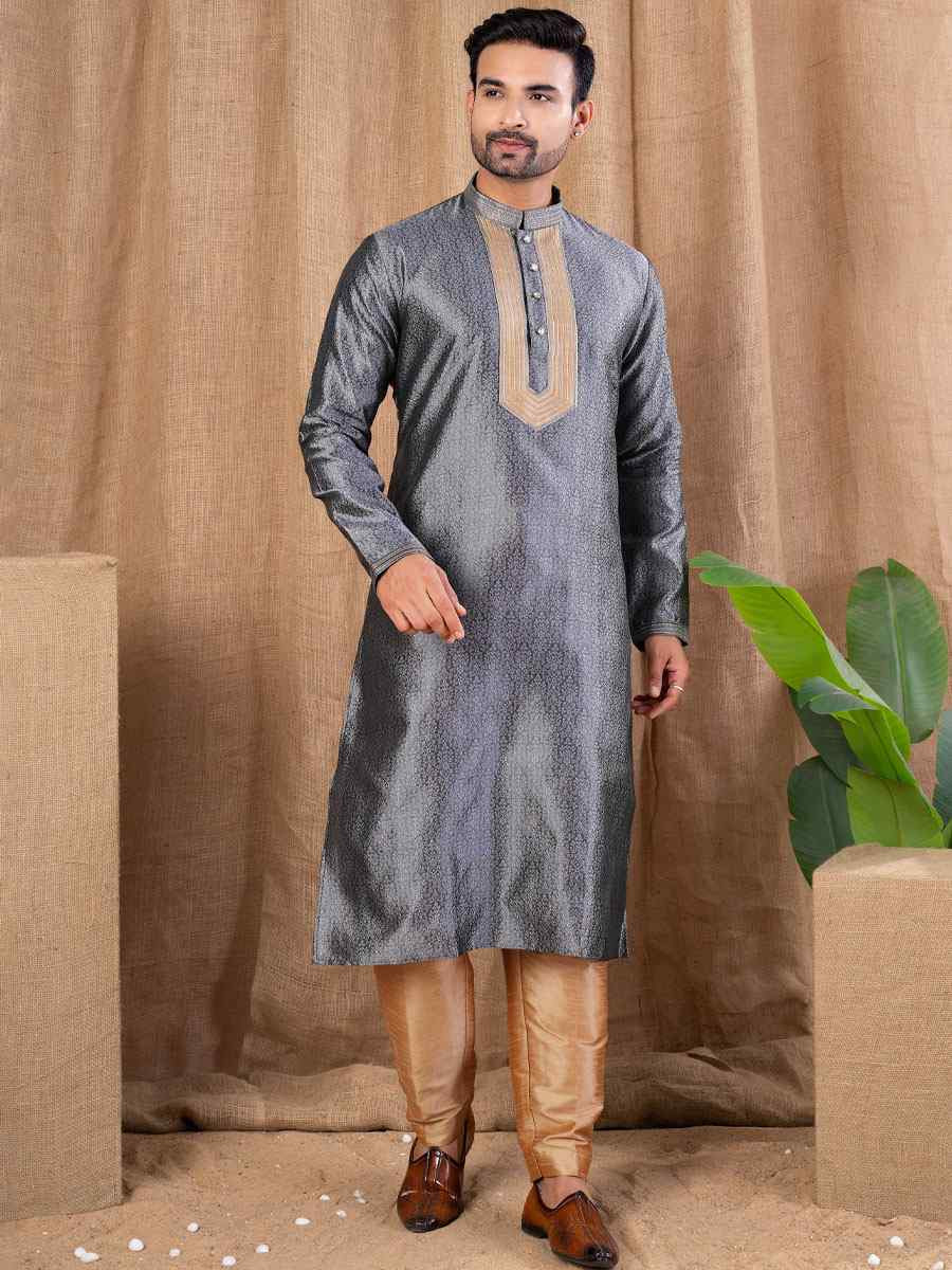Grey Jacquard Embroidery Festival Wedding Party Mens Kurta