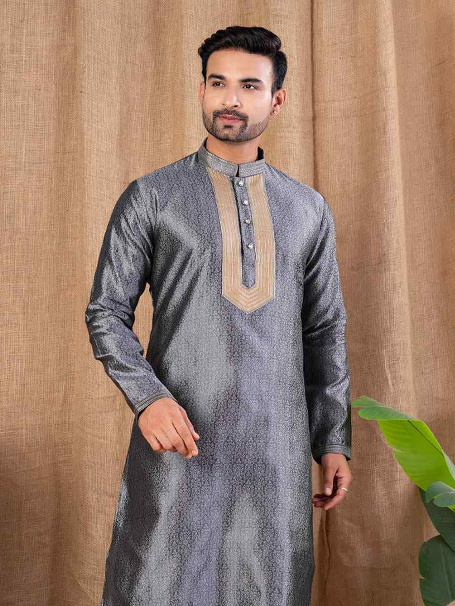 Grey Jacquard Embroidery Festival Wedding Party Mens Kurta