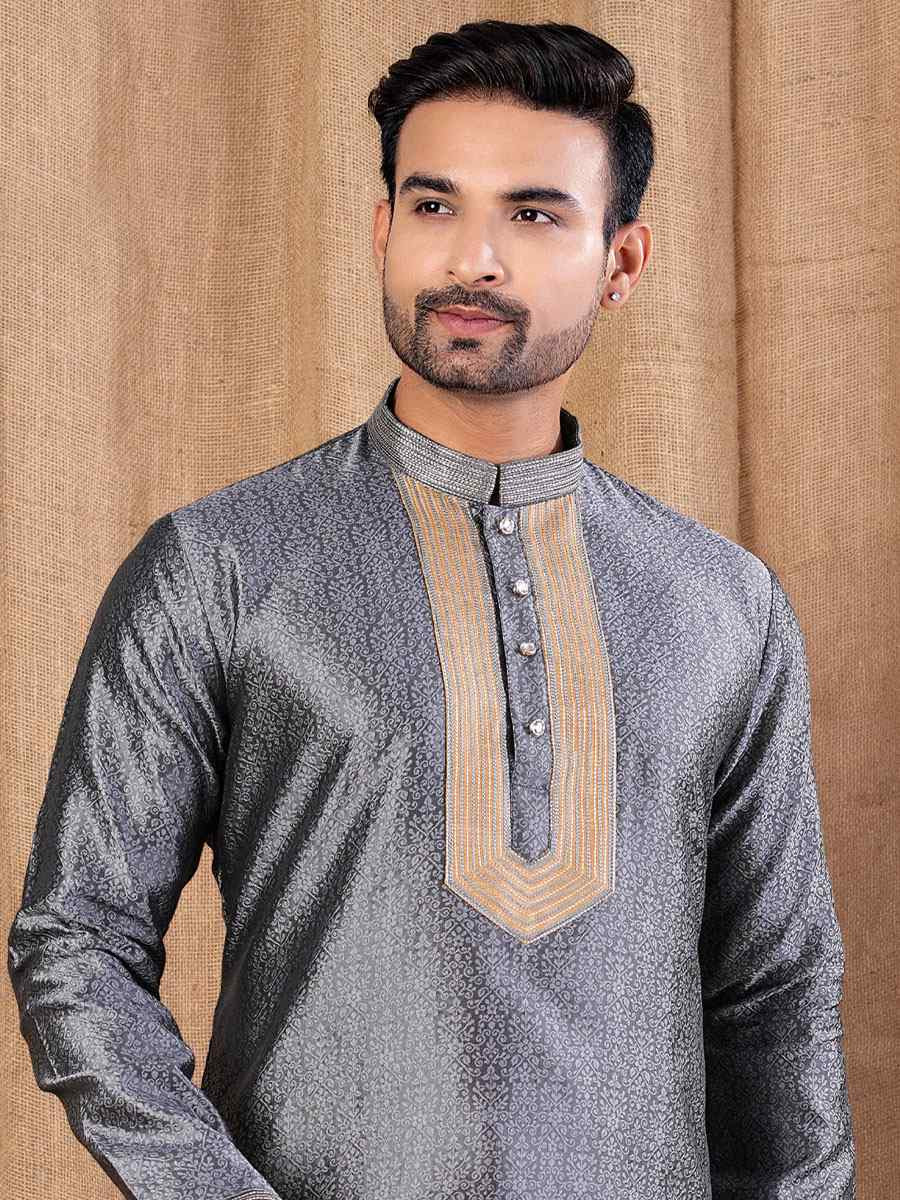 Grey Jacquard Embroidery Festival Wedding Party Mens Kurta
