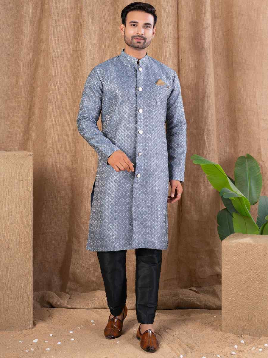 Grey Jacquard Embroidery Festival Wedding Party Mens Kurta