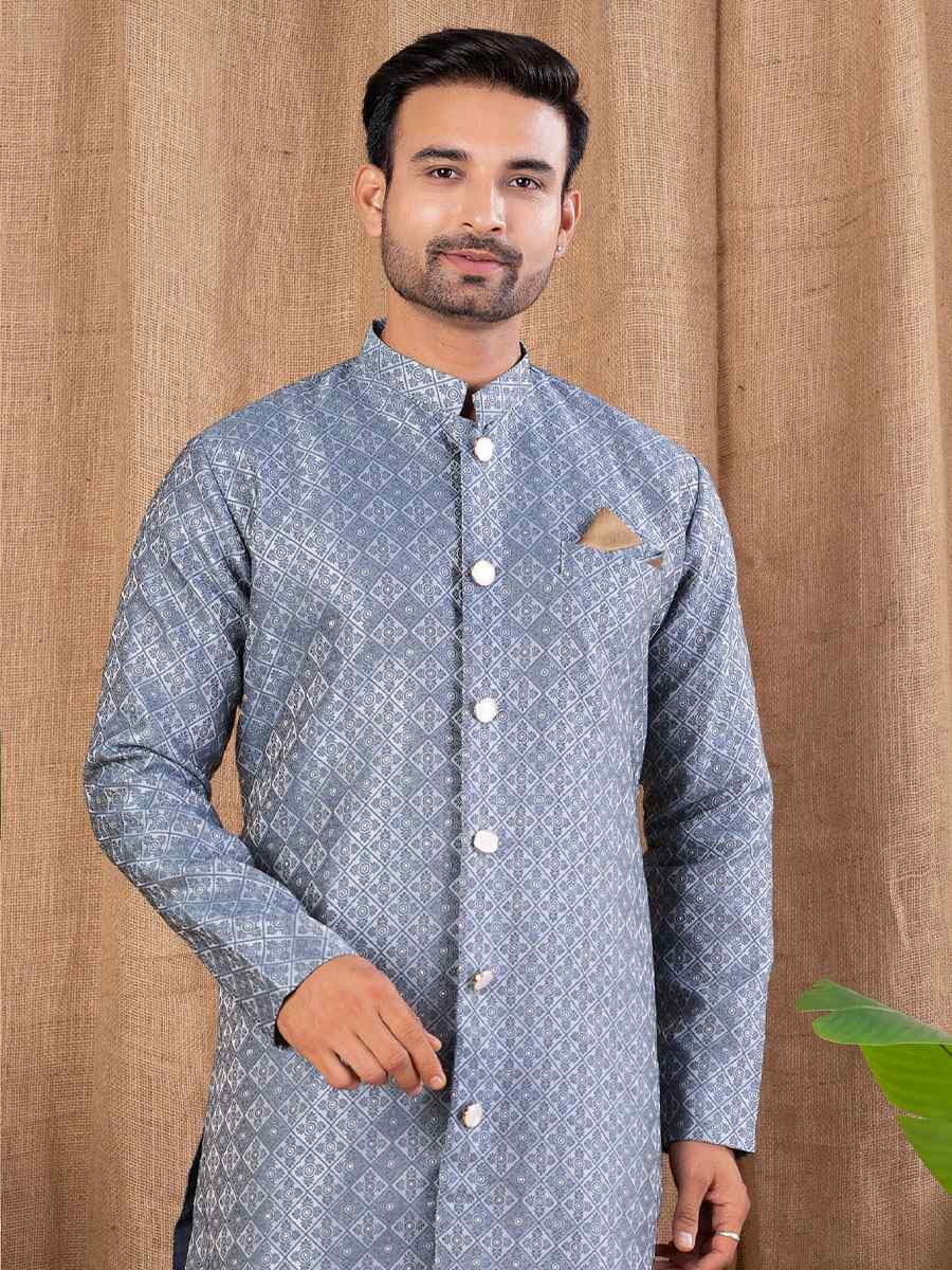 Grey Jacquard Embroidery Festival Wedding Party Mens Kurta