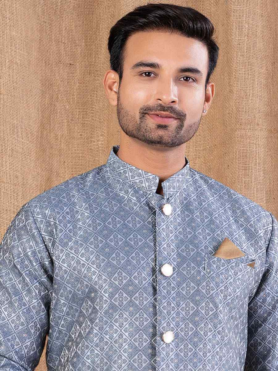 Grey Jacquard Embroidery Festival Wedding Party Mens Kurta